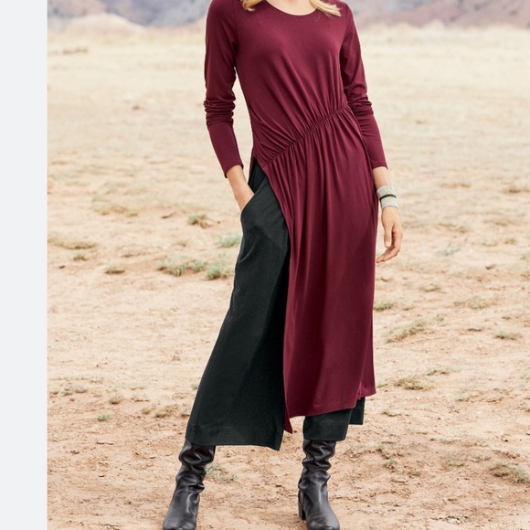 Peruvian Connection Long Black Tunic W/ Diagonal Shirring ,High Side Slit. Sz Lg - Picture 2 of 13